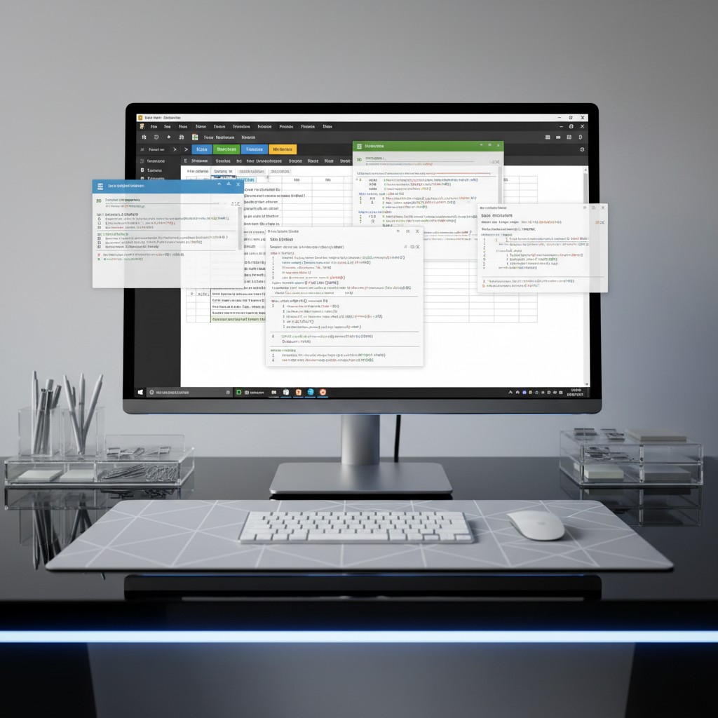 A desktop computer screen displaying code, with various programming languages and frameworks visible, likely used for codi...