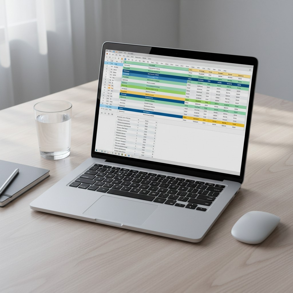 A laptop is open, displaying a spreadsheet with columns of text on a light gray desk table.