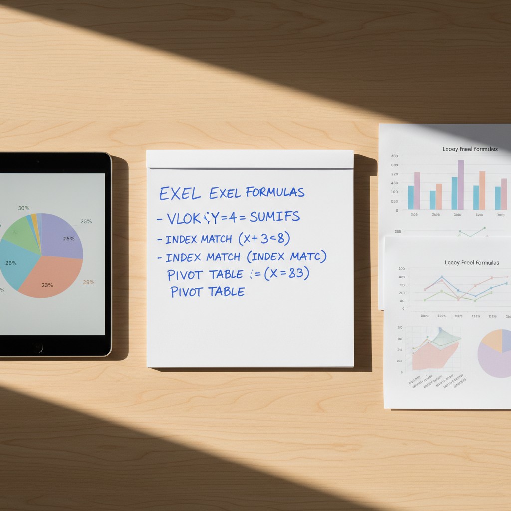 "Multiple mathematical formulas displayed on the surface of a desk in three ways: handwritten, pie chart, and bar graph."