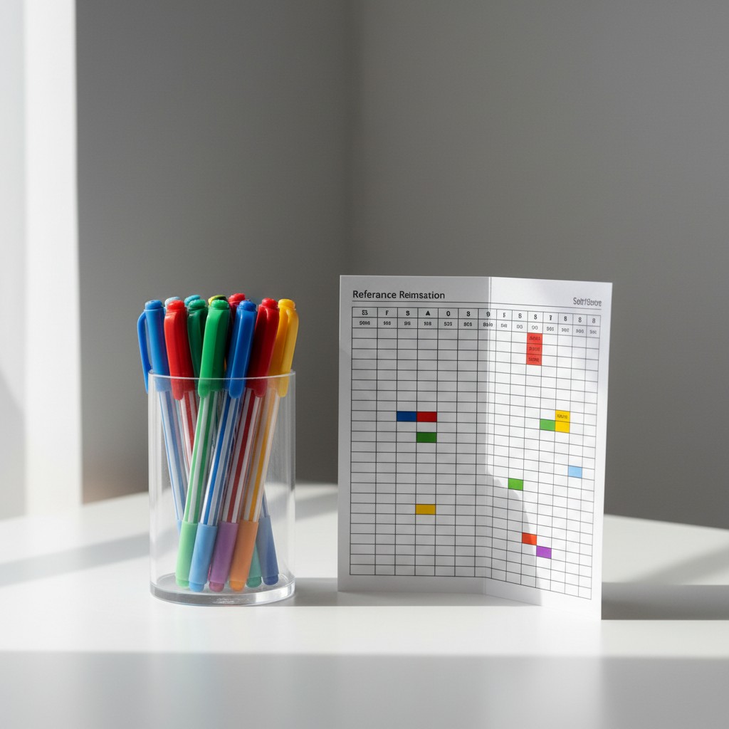 A transparent glass jar filled with colorful pens and pens with markers next to a small information graph.